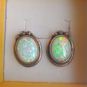 White Opal Marked RB Navajo Sterling Silver Earrings Lg Stones, 3 Dot Detail